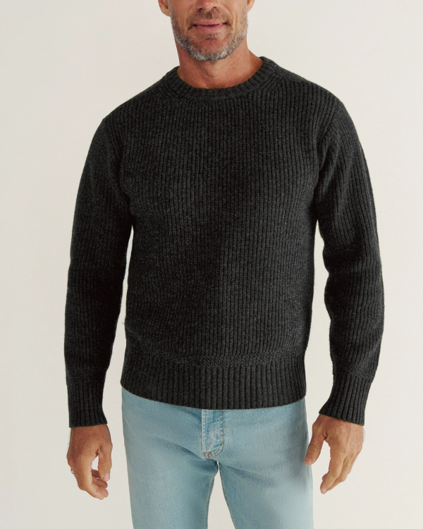 Front view of Men's Crew Neck Desert Sweater - Faded Black on model