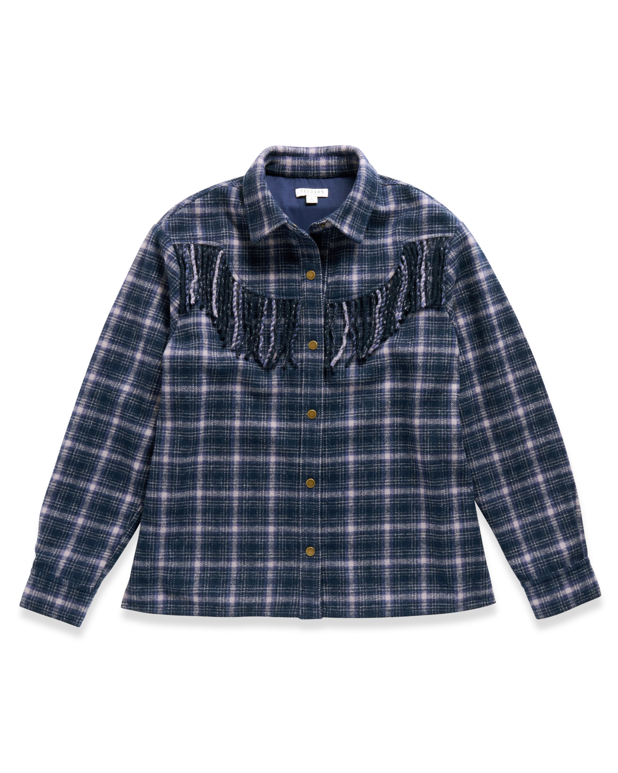 Closeup detail view of Women's Plaid Fringe Shacket - Navy / Mauve