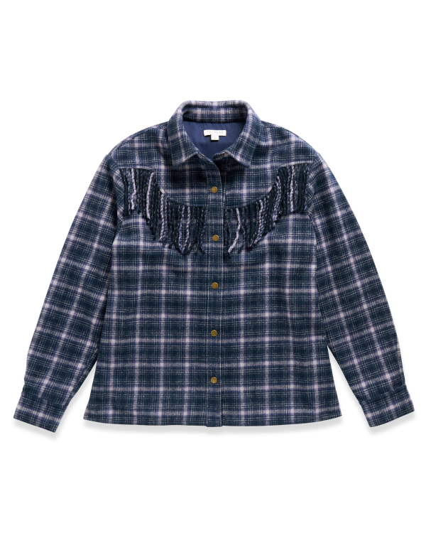 Closeup detail view of Women's Plaid Fringe Shacket - Navy / Mauve