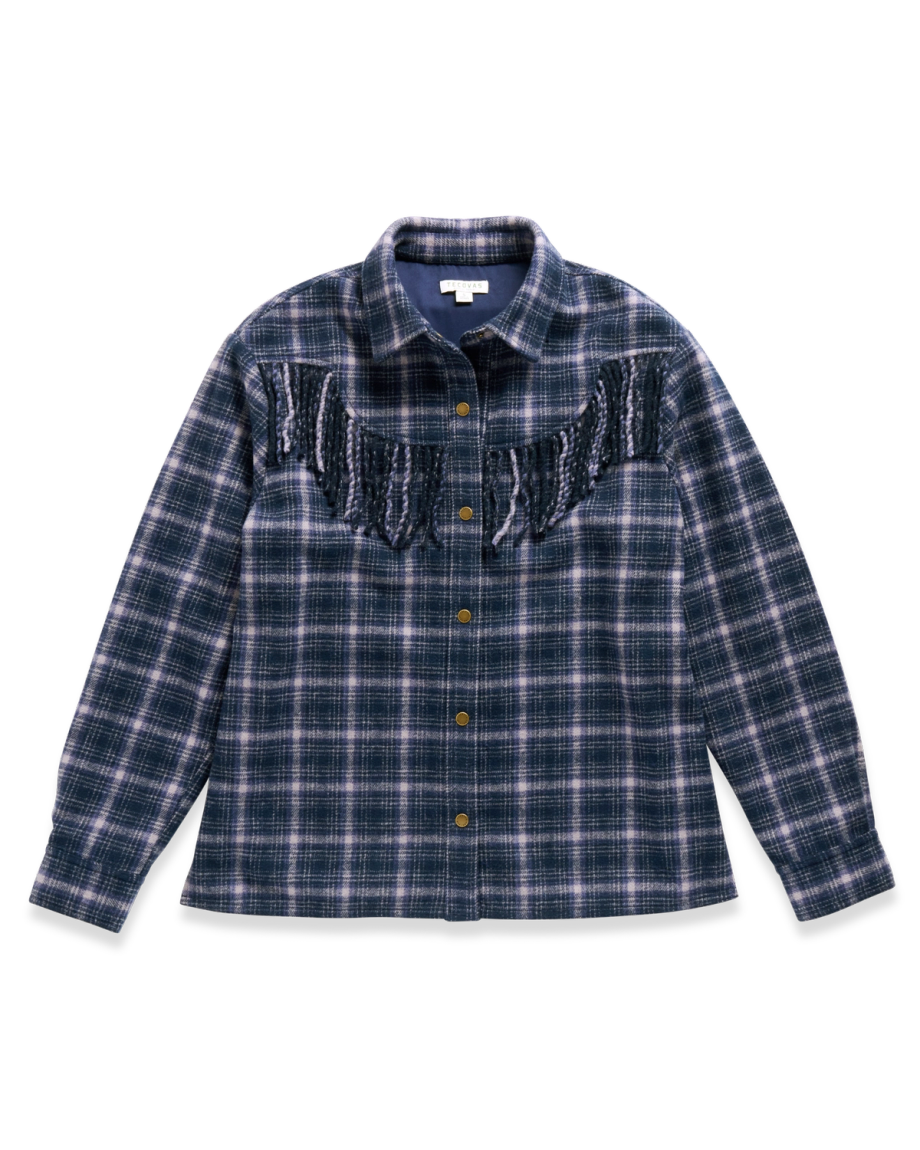 Closeup detail view of Women's Plaid Fringe Shacket - Navy / Mauve