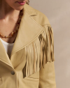 Closeup detail view of Women's Western Leather Fringe Jacket - Lt Tan