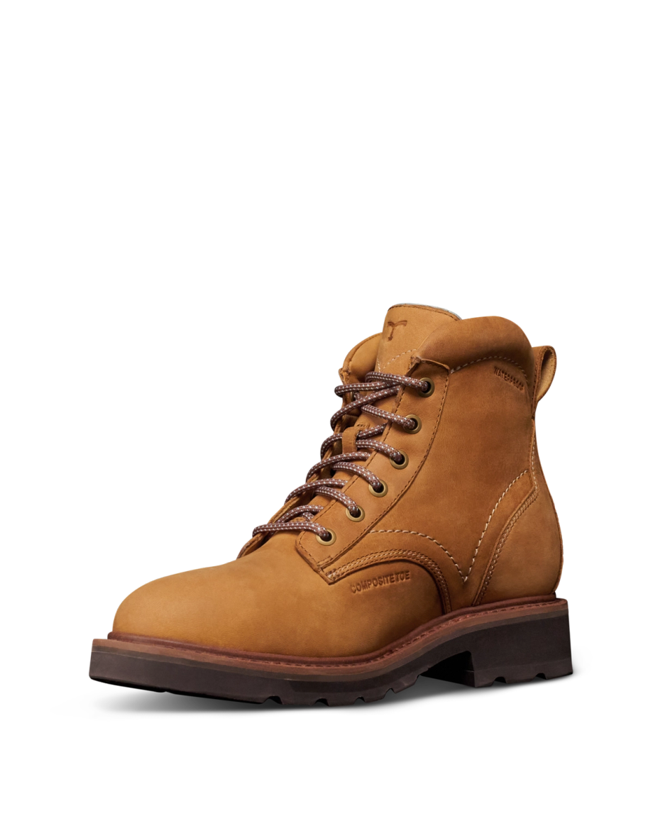 Quarterfront view of LongHaul Waterproof Lace Up Composite Toe Work Boot - Light Tan on plain background