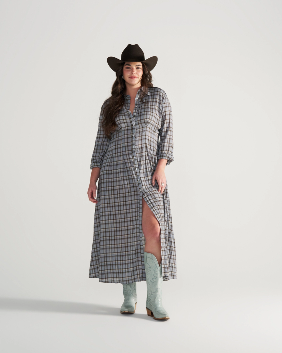 Full view of The Annie Wide Calf - Slate Cowhide on model