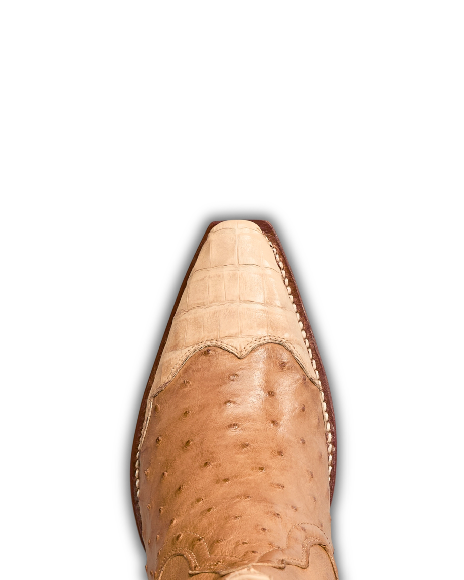 Toe view of Women's Birthday Boot XI - Dune Ostrich/Caiman on plain background