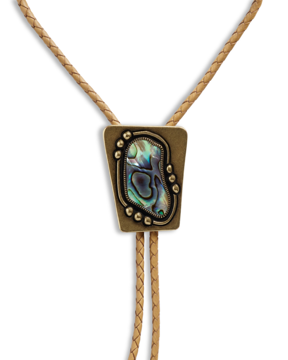 Closeup detail view of Iron Lamb Abalone Bolo - Blue / Tan