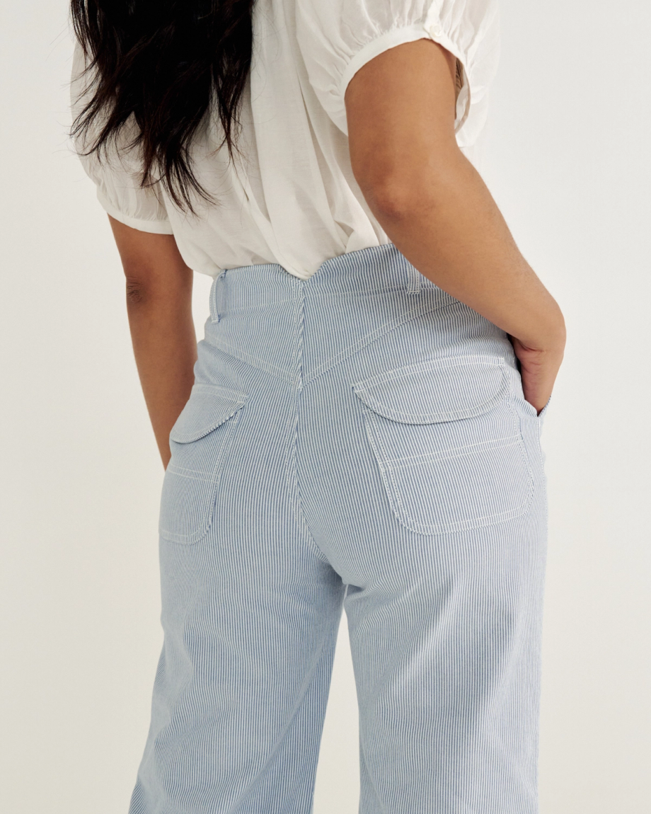 Back view of Women's Carpenter Pant - Blue / White Cotton on model
