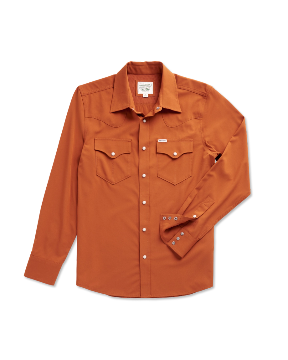 Closeup detail view of Men's Performance Western Pearl Snap - Burnt Orange