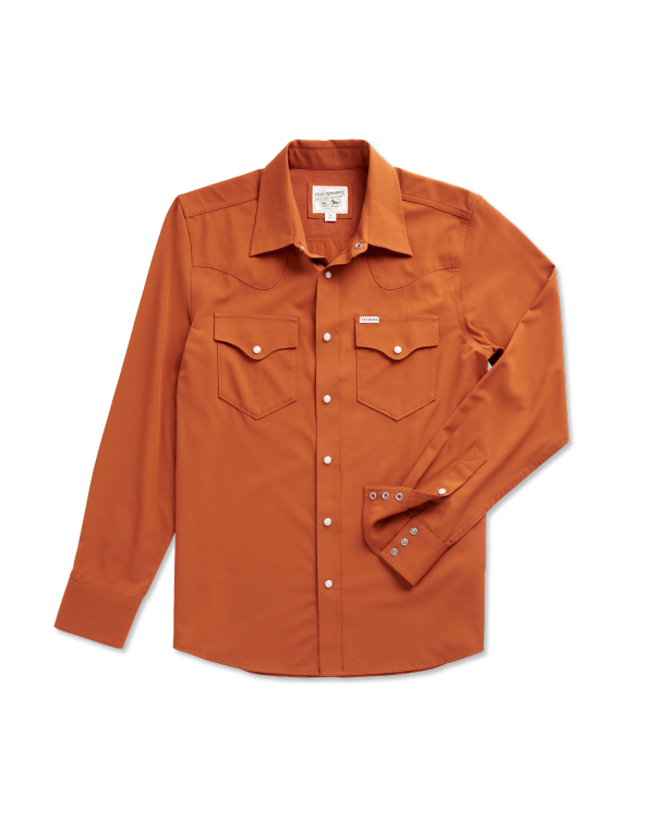 Closeup detail view of Men's Performance Western Pearl Snap - Burnt Orange