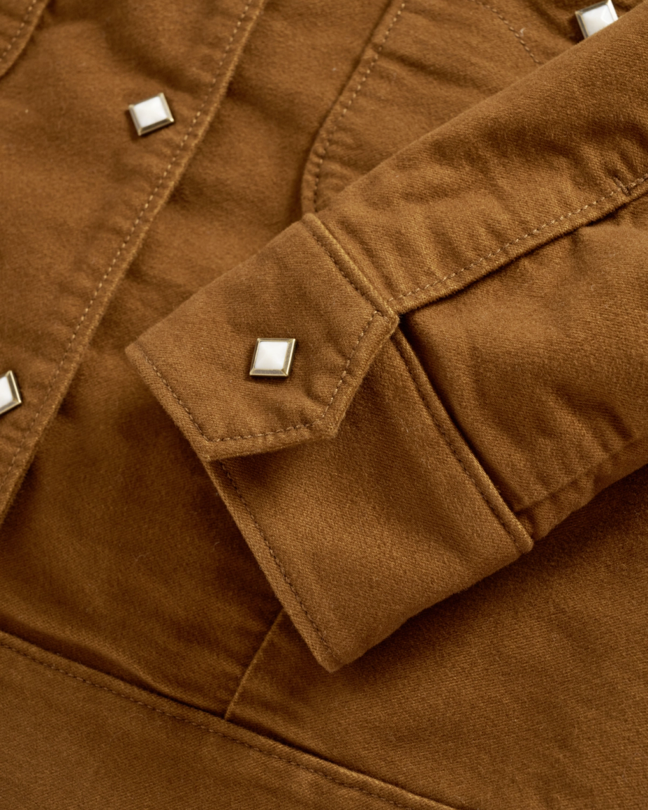 Closeup detail view of Women's Moleskin Pearl Snap Jacket - Camel