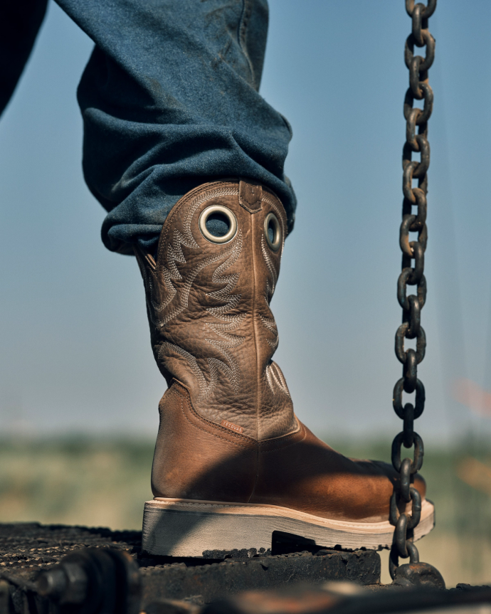 Toe view of LongHaul Waterproof Square Composite Toe Work Boot - Saddle / Fossil on plain background