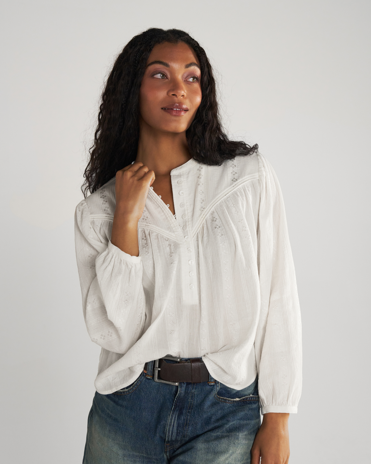 Women's Long Sleeve White woven cotton Top | Tecovas
