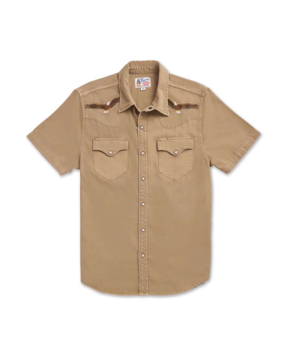 Closeup detail view of Men's Denim Pearl Snap SS - Coriander / Multi