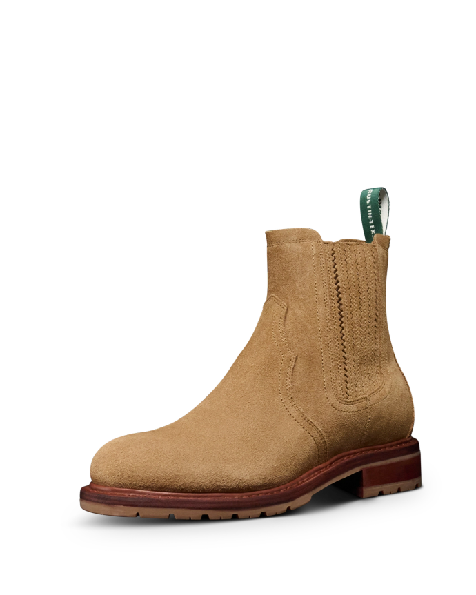 Quarterfront view of The Rugged Chelsea - Sahara Suede on plain background
