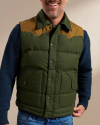 Front view of Men's Western Canvas Puffer Vest - Dark Green/Khaki on model