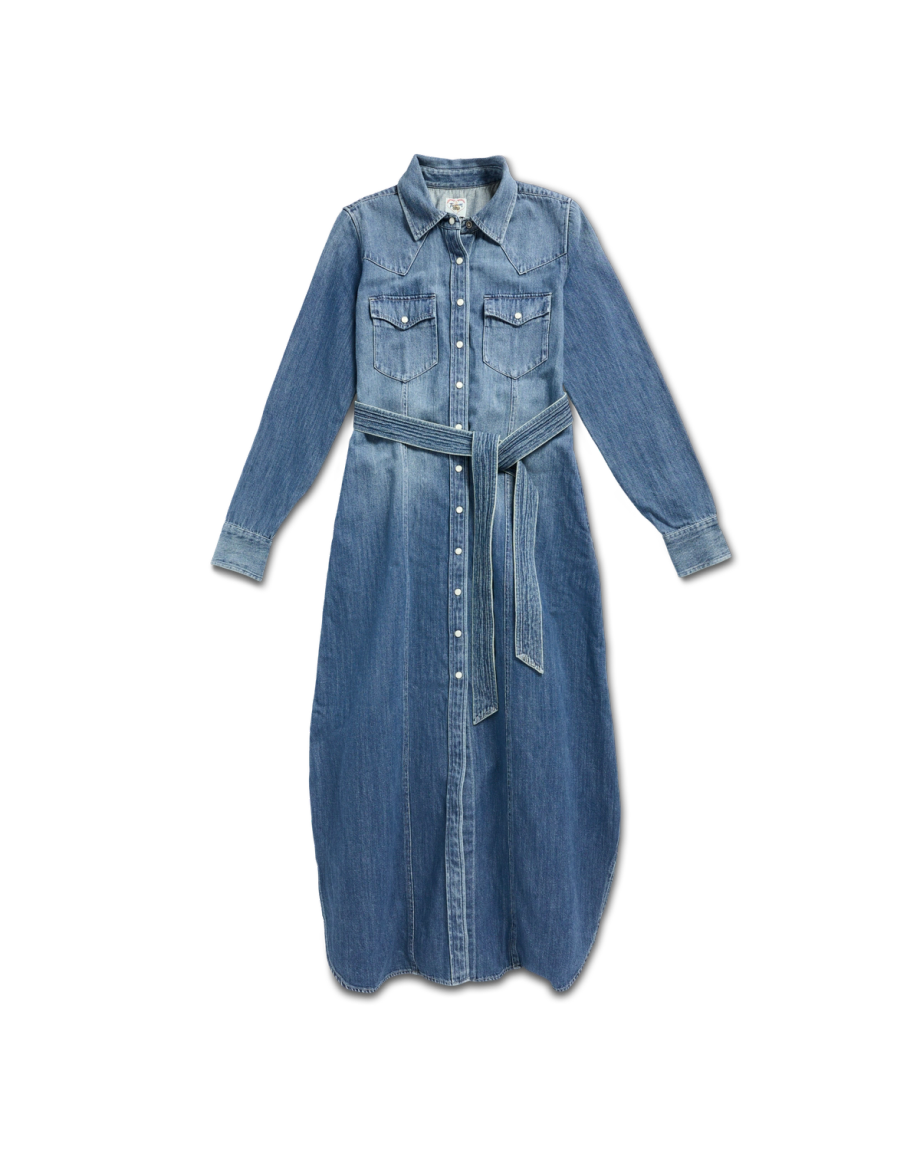 Long-sleeved blue denim midi shirt dress with a button-front placket, two chest pockets, and a matching waist tie.