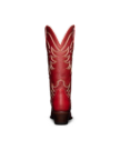 Red cowboy boot with tan decorative stitching, shown from the back against a black background.