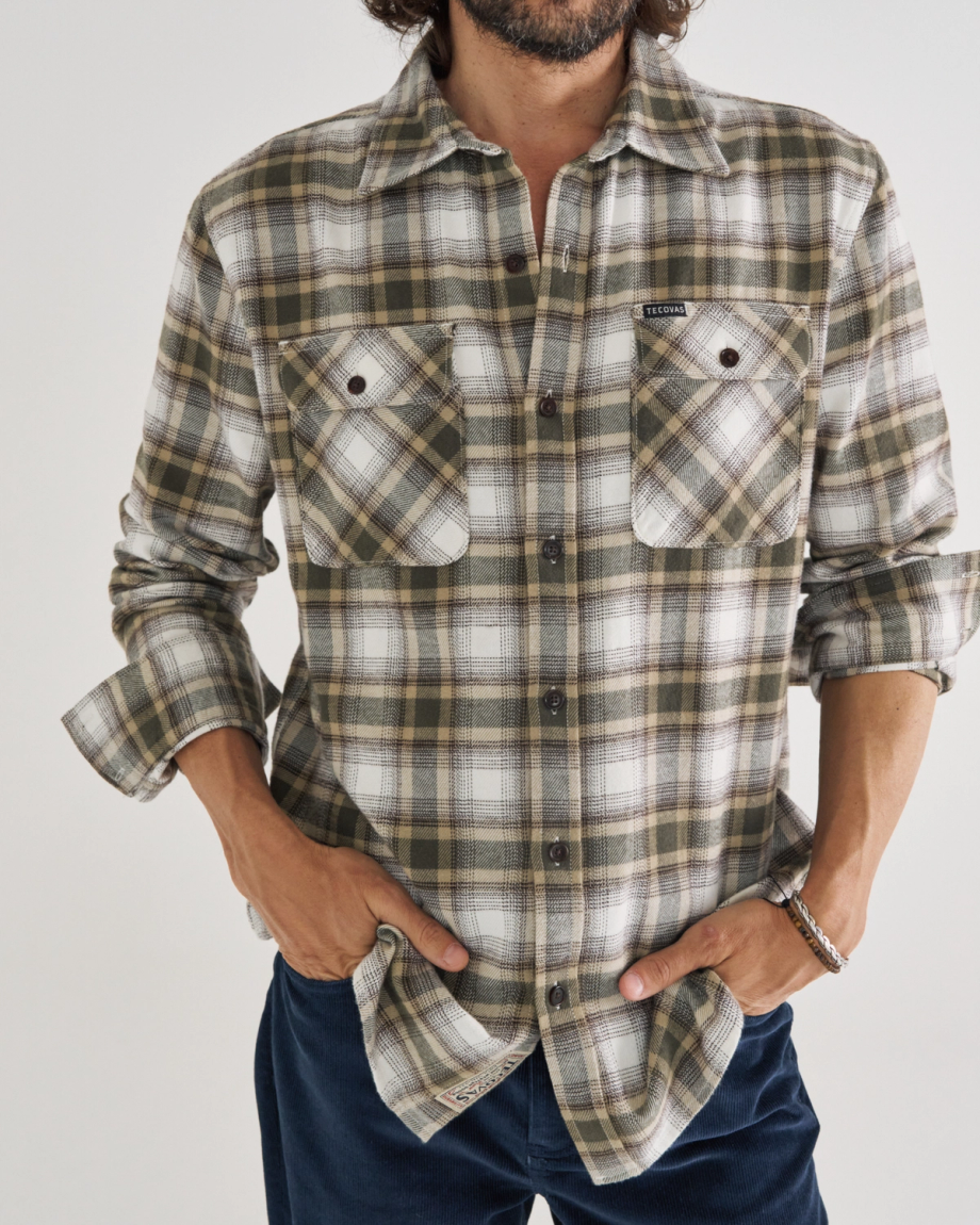 Front view of Men's Everyday Flannel LS - Whisper White / Cactus on model