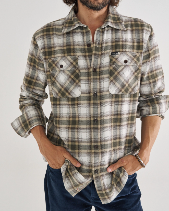 Front view of Men's Everyday Flannel LS - Whisper White / Cactus on model