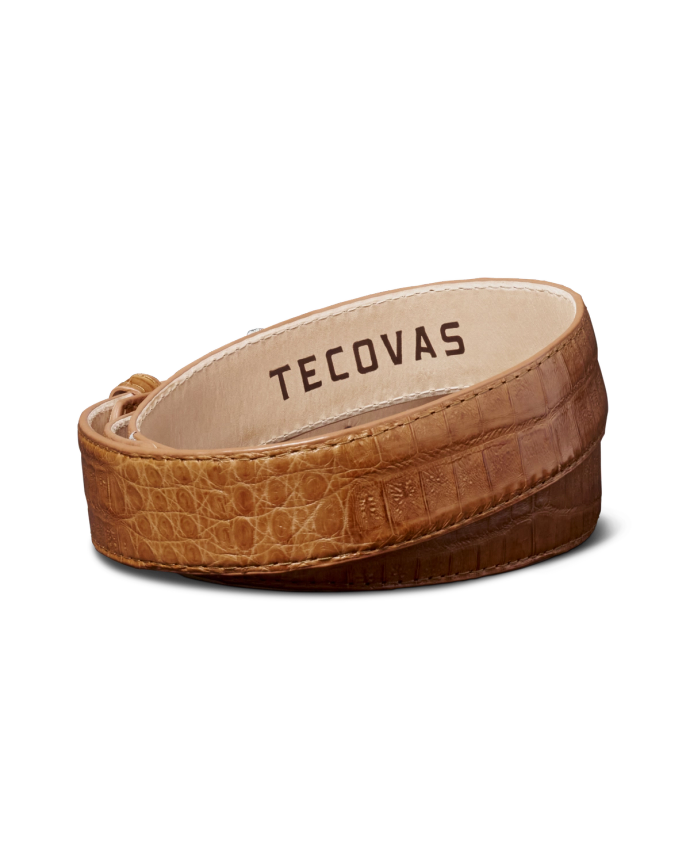 Back view of Men's Caiman Belt II - Caramel on plain background