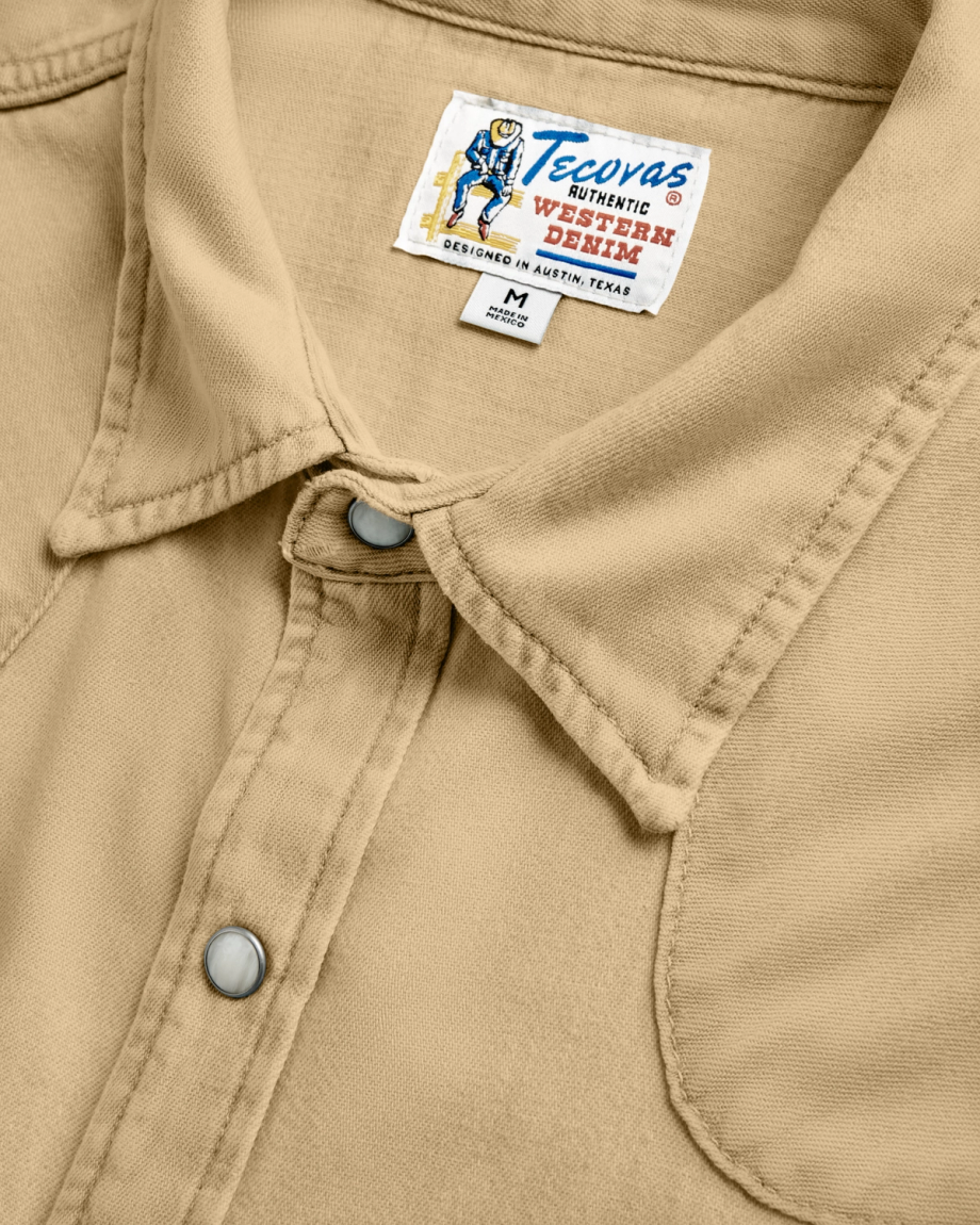 Closeup detail view of Men's Denim Long Sleeve Pearl Snap - Coriander