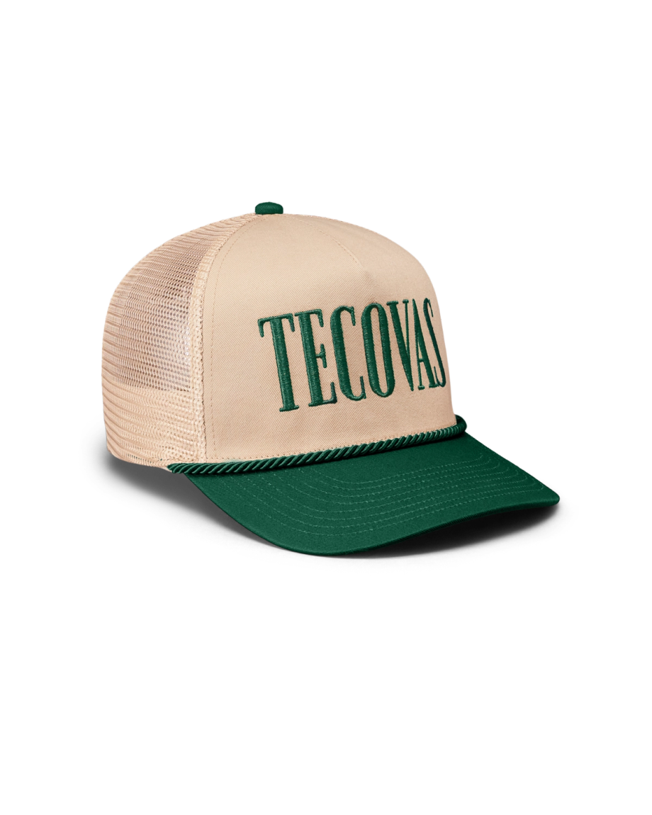 Quarterfront view of Tecovas Badge Trucker - Green on plain background