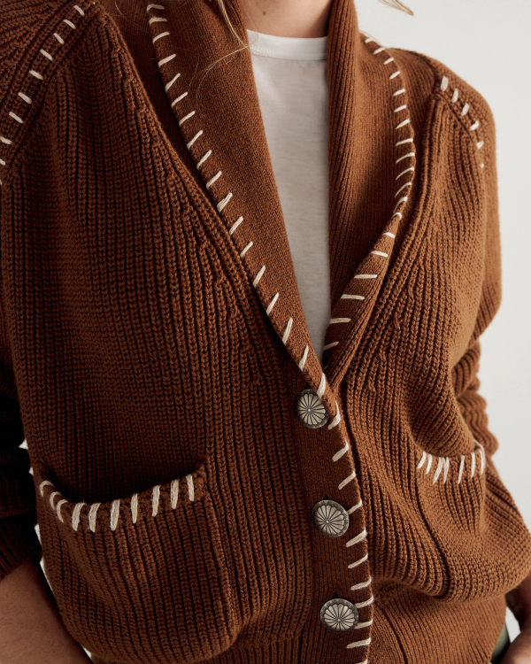 Closeup detail view of Women's Shawl Collar Cardigan Sweater - Tan