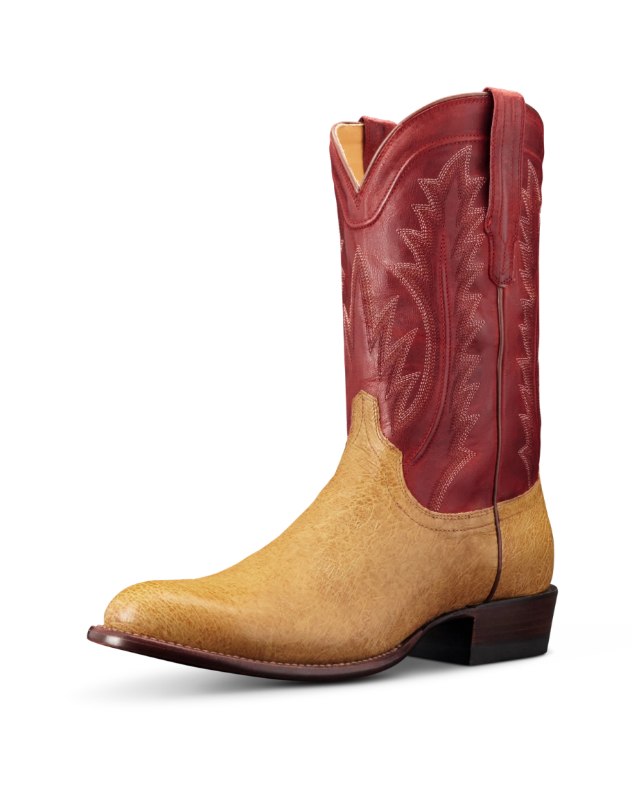 Quarterfront view of The Weston - Cedar / Red Ostrich on plain background