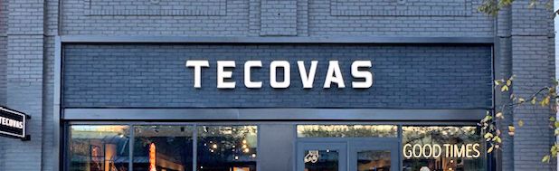 The image shows the word "Tecovas" written in a cursive font on a patchwork background of various shades of brown leather.