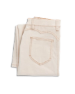 Folded pair of off-white jeans with visible brown stitching on the pocket, placed on a white background.