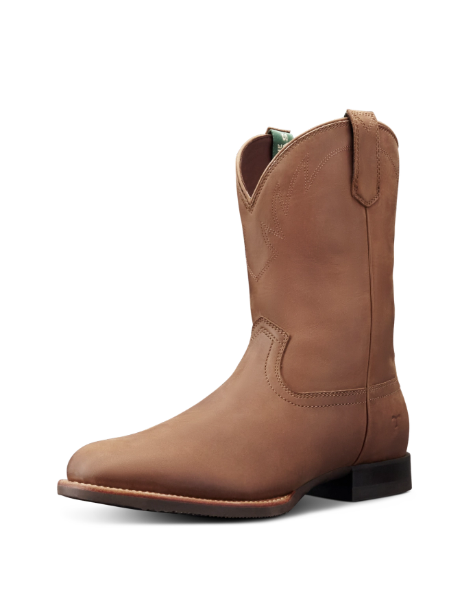 The Glen in Khaki Cowhide. A single brown leather cowboy boot crafted from khaki cowhide with a low heel, pull straps, and subtle stitched detailing, photographed against a plain white background.