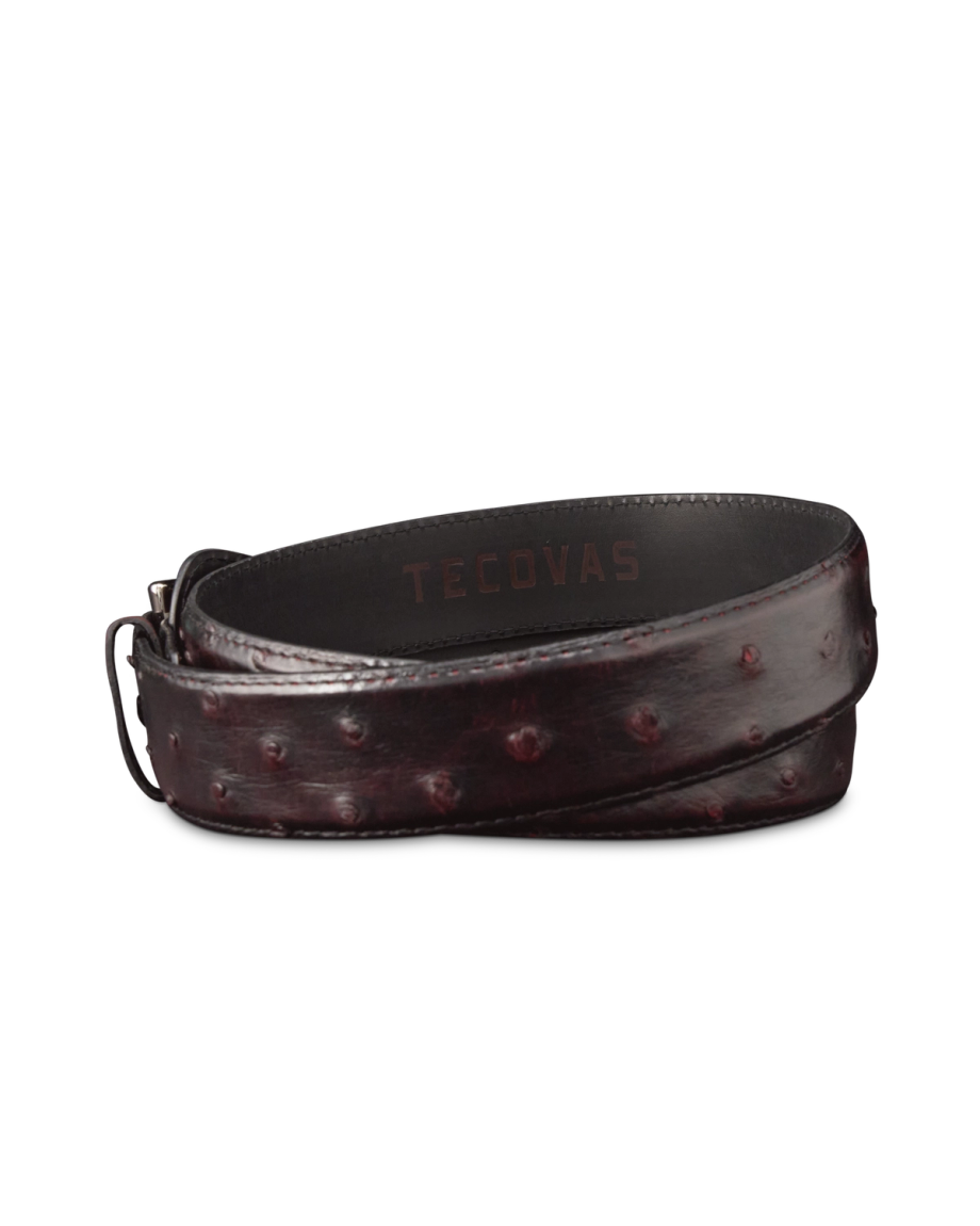 Back view of Men's Ostrich Belt II - Black Cherry on plain background