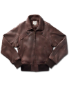 Brown leather jacket with front zipper, two side pockets, ribbed cuffs and waistband, and a folded collar, placed against a black background.