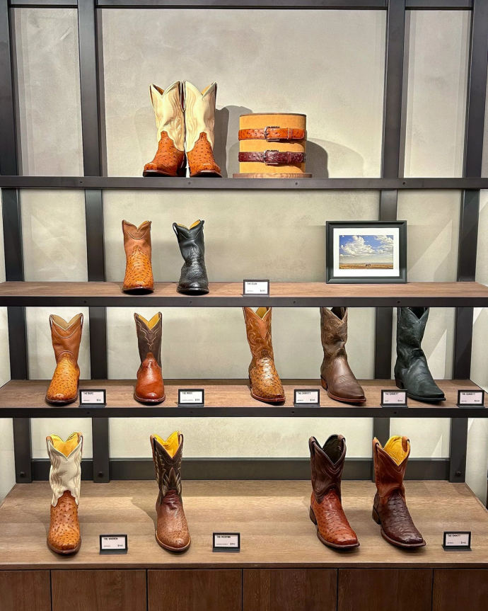 Interior of a boot store with shelves of various styles of cowboy boots, highlighting different patterns and colors, in a well-lit wooden display.