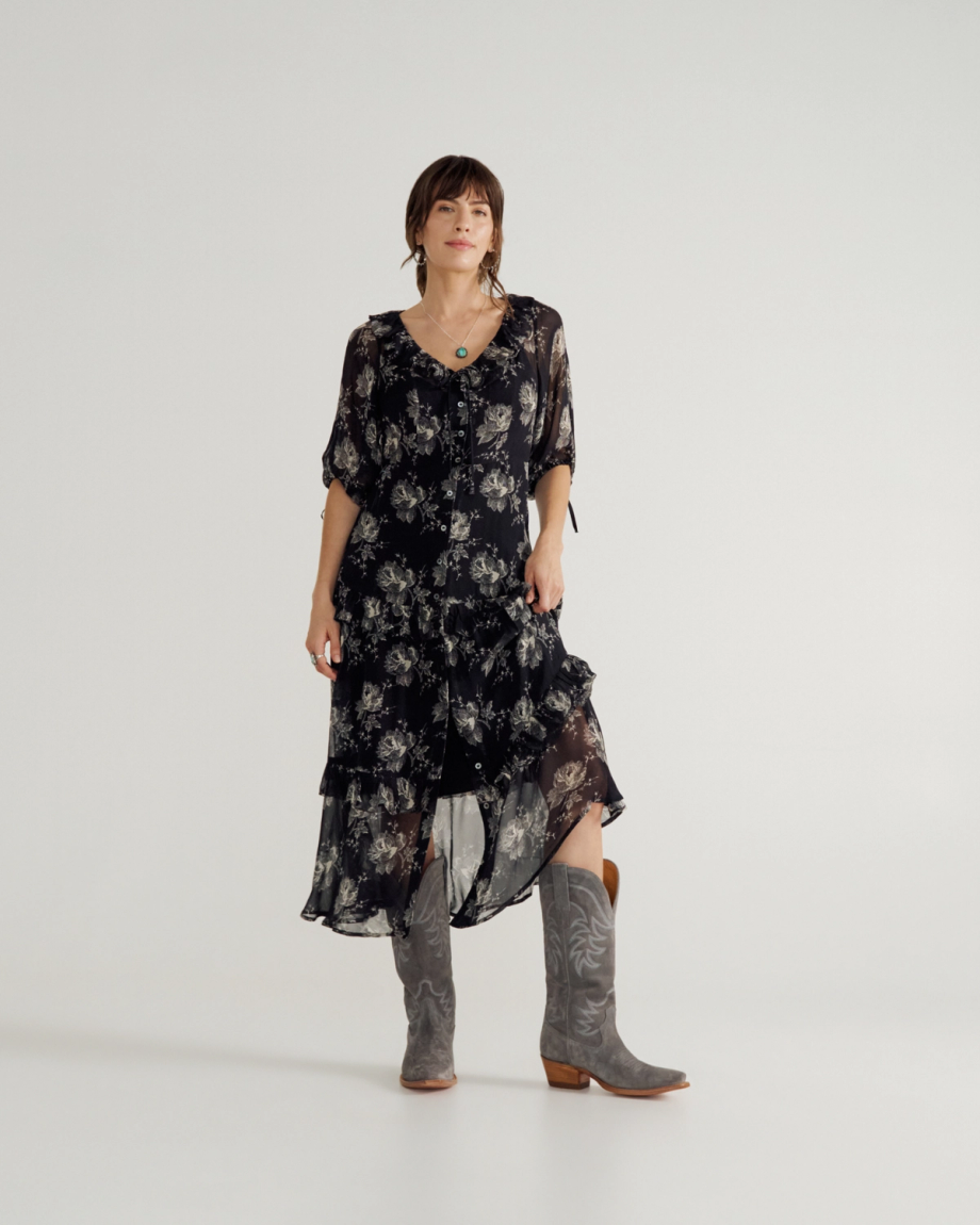 Full view of The Annie - Charcoal Suede on model