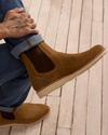 Man wearing the Luke roughout suede tan short rubber sole boots