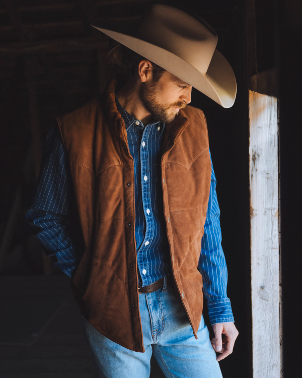 Men's Goat Suede Puffer Vest - Dark Tobacco | Tecovas