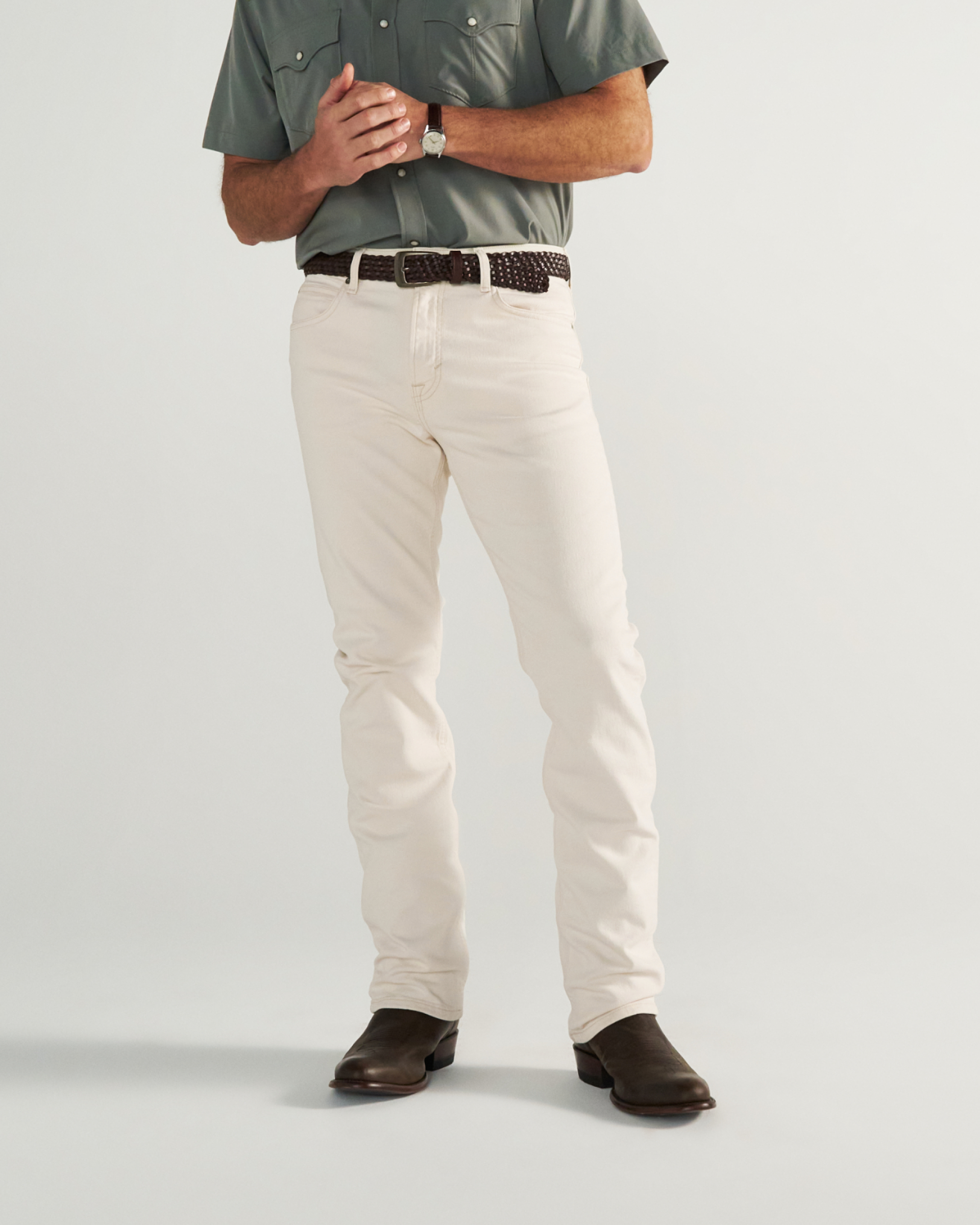 Front view of Men's Slim Straight Stretch Twill - Light Sand on model