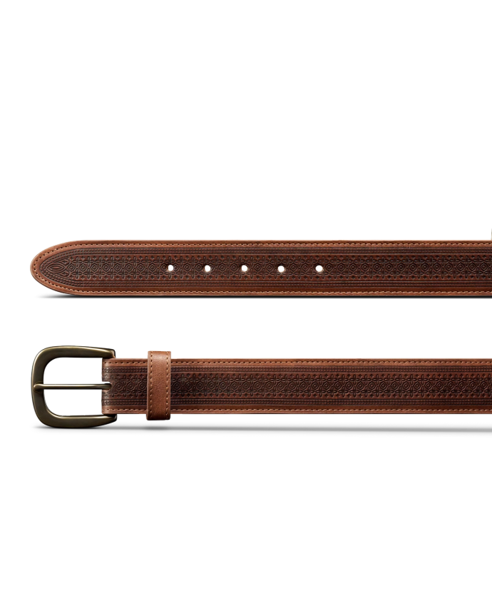 Brown leather belt with decorative stitching, five adjustment holes, and a metal buckle, shown from both full length and close-up perspectives.