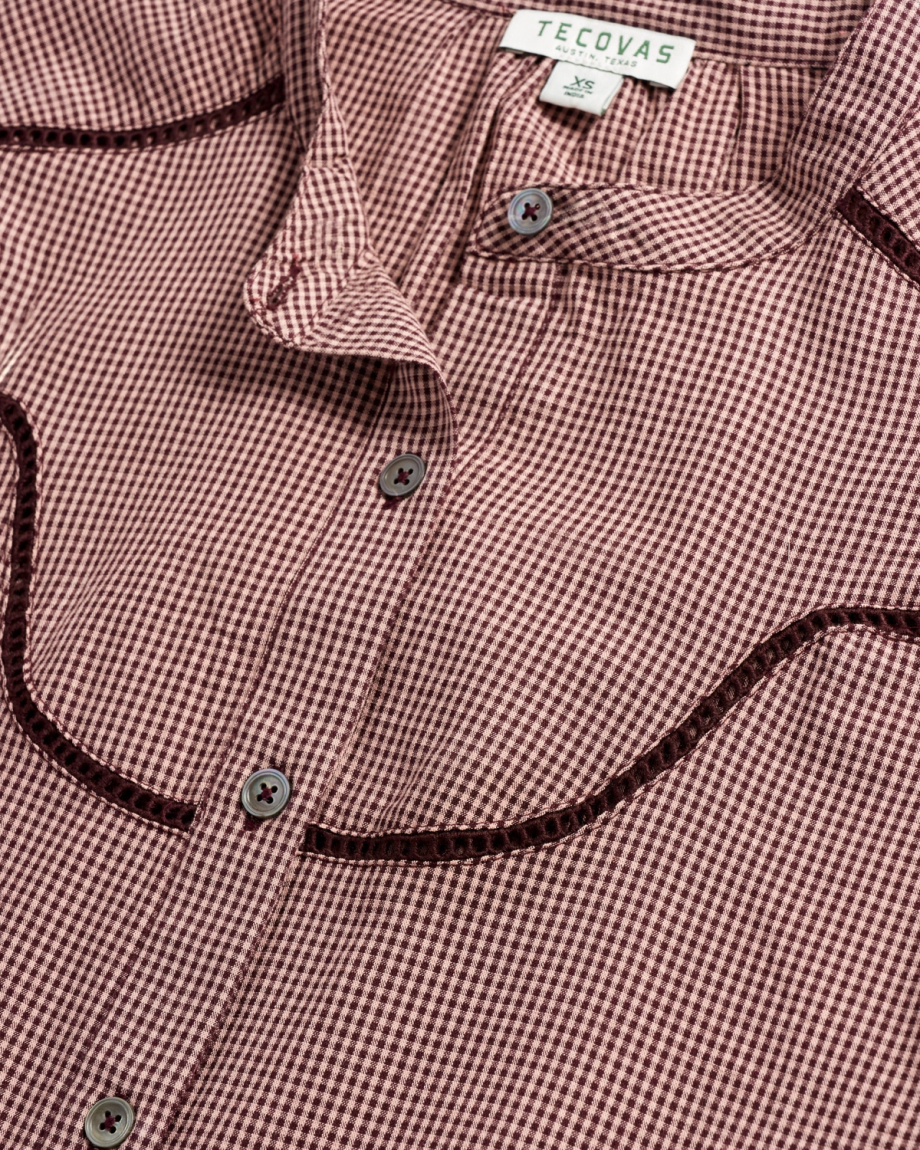Closeup detail view of Women's Mini Seersucker Blouse - Burgundy / Pink