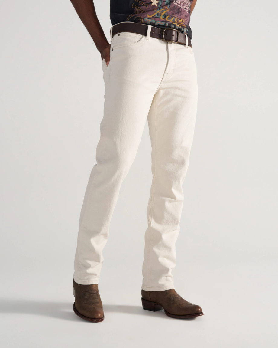 Front view of Men's Slim Stretch Twill - Light Sand on model
