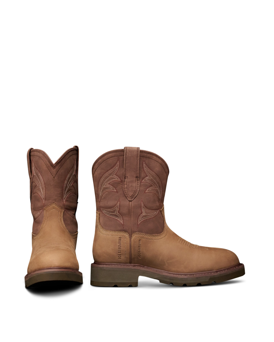 Pair view of The LH WP Round Comp Toe Work Boot - Tan / Cafe Cowhide on plain background