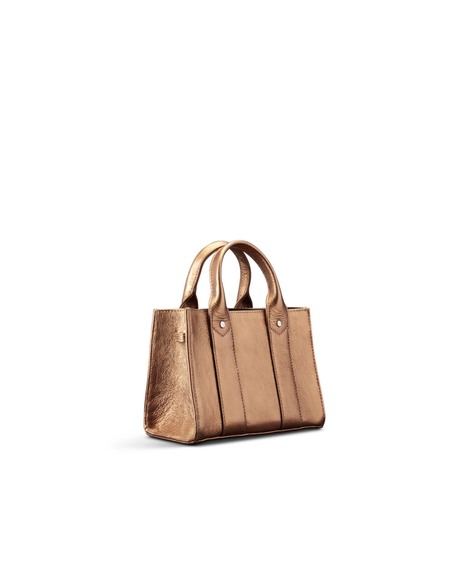 Quarterfront view of Mini Metallic Satchel - Copper Cowhide on plain background