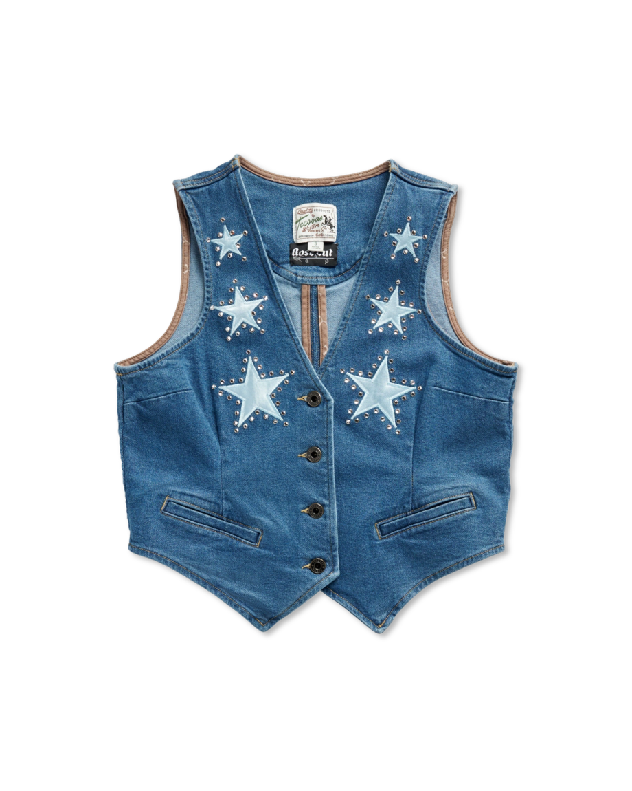 Front view of Tecovas x Cathy Han Women’s Custom Denim Vest - Medium Wash on plain background