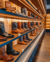 Interior of a boot store with shelves of various styles of cowboy boots, highlighting different patterns and colors, in a well-lit wooden display.