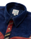 Closeup detail view of Men's Wildcat Pearl Snap Shacket - Brick Multi Stripe/Denim