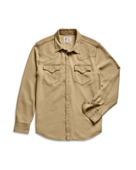 Closeup detail view of Men's Denim Long Sleeve Pearl Snap - Coriander