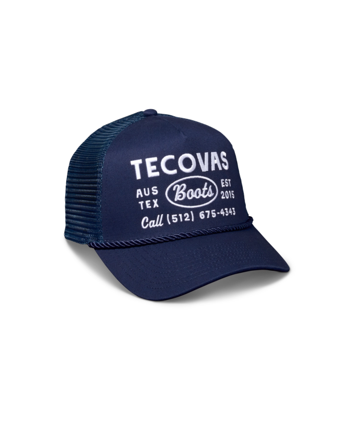 Quarterfront view of Tecovas Boots Trucker - Navy on plain background