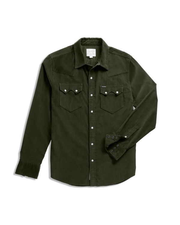 Closeup detail view of Men's Texas Weight Corduroy Pearl Snap LS - Pine
