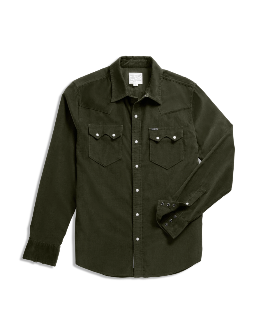 Closeup detail view of Men's Texas Weight Corduroy Pearl Snap LS - Pine