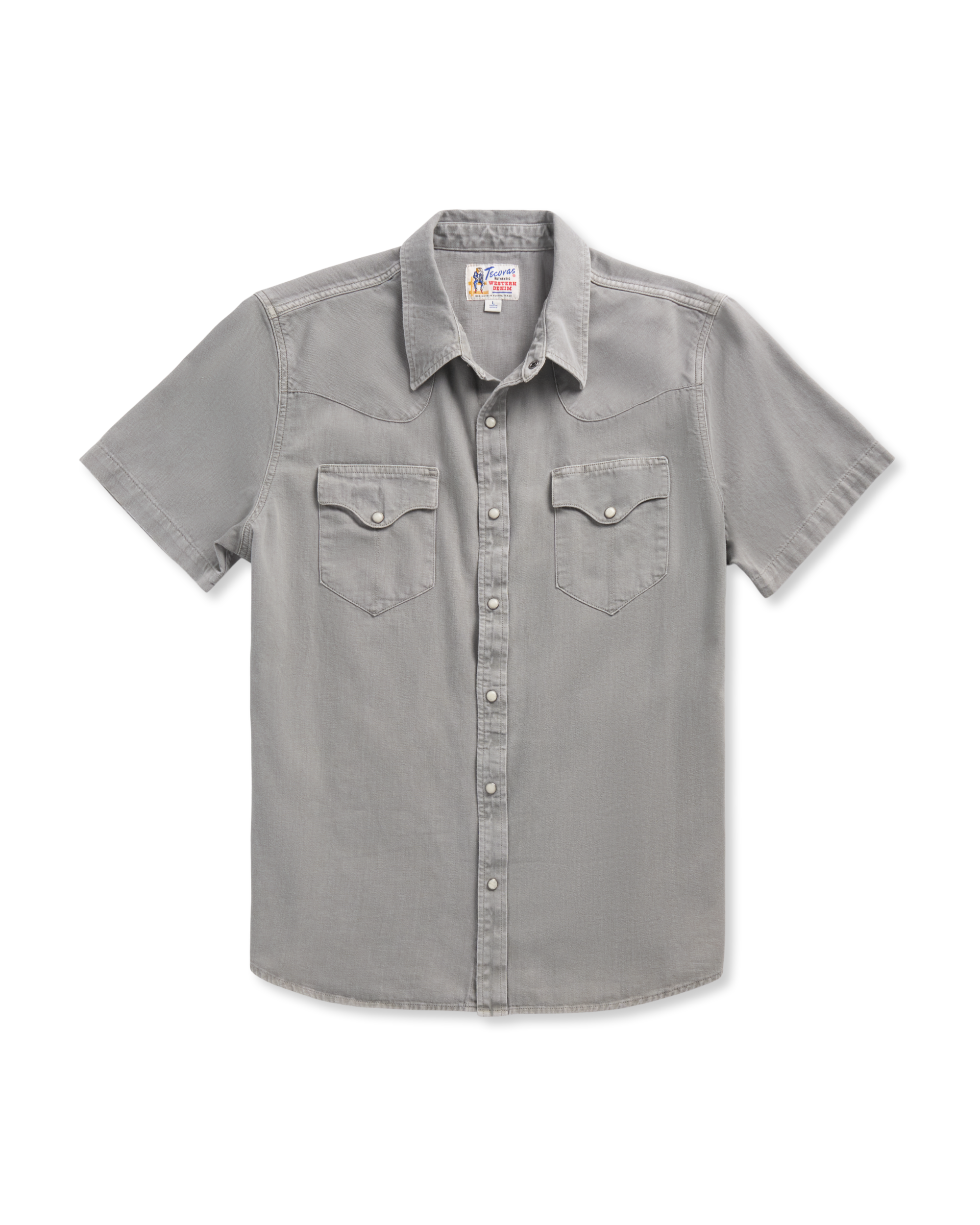 Closeup detail view of Men's Denim Short Sleeve Pearl Snap - Light Gray